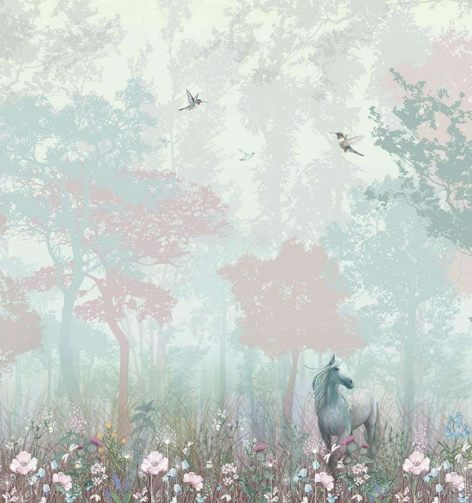 Фотообои в интерьере лошадка в туманном лесу  12-1314 фото