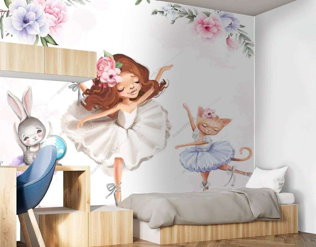 Фотообои в интерьере балерина и лисичка с зайчиком  14-649 фото