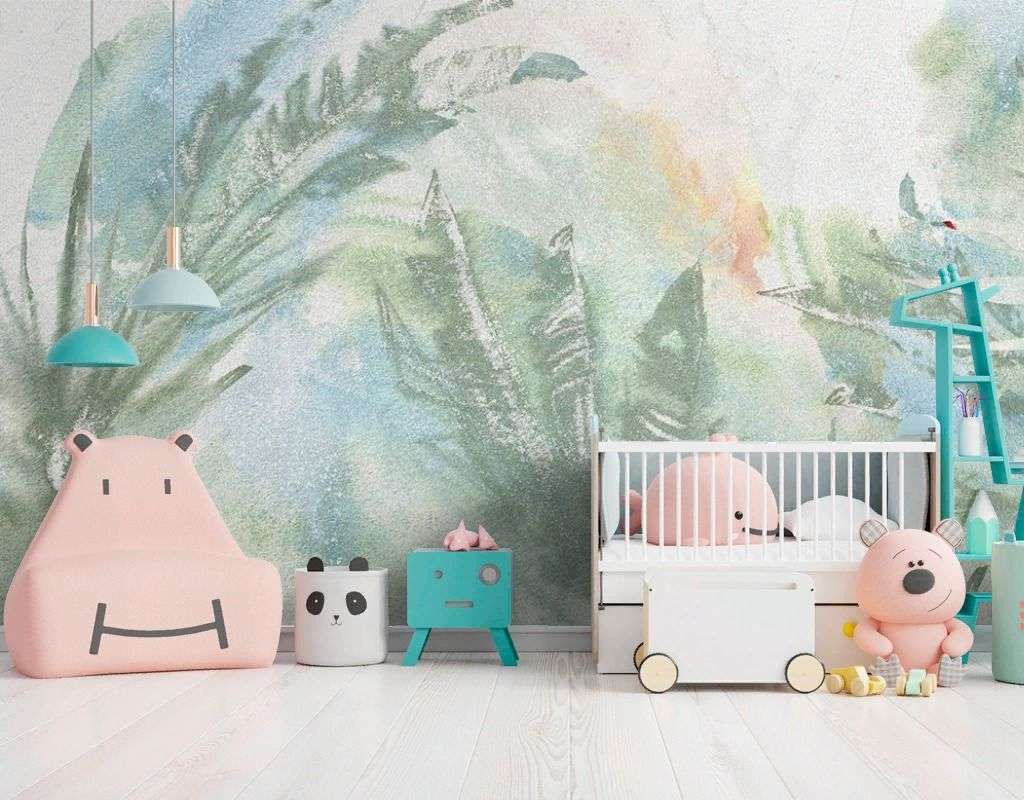 Фотообои в интерьере листья рисунок акварелью  9-1987 фото