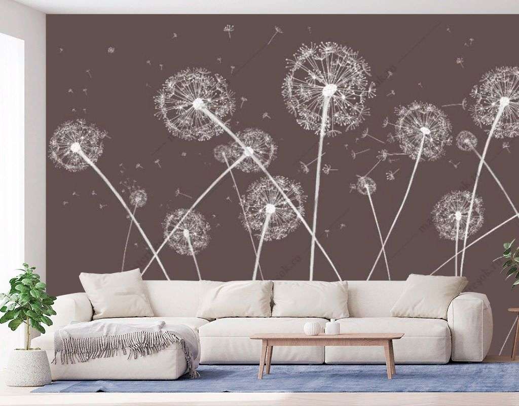 Фотообои в интерьере одуванчики на коричневом фоне  14-528 фото