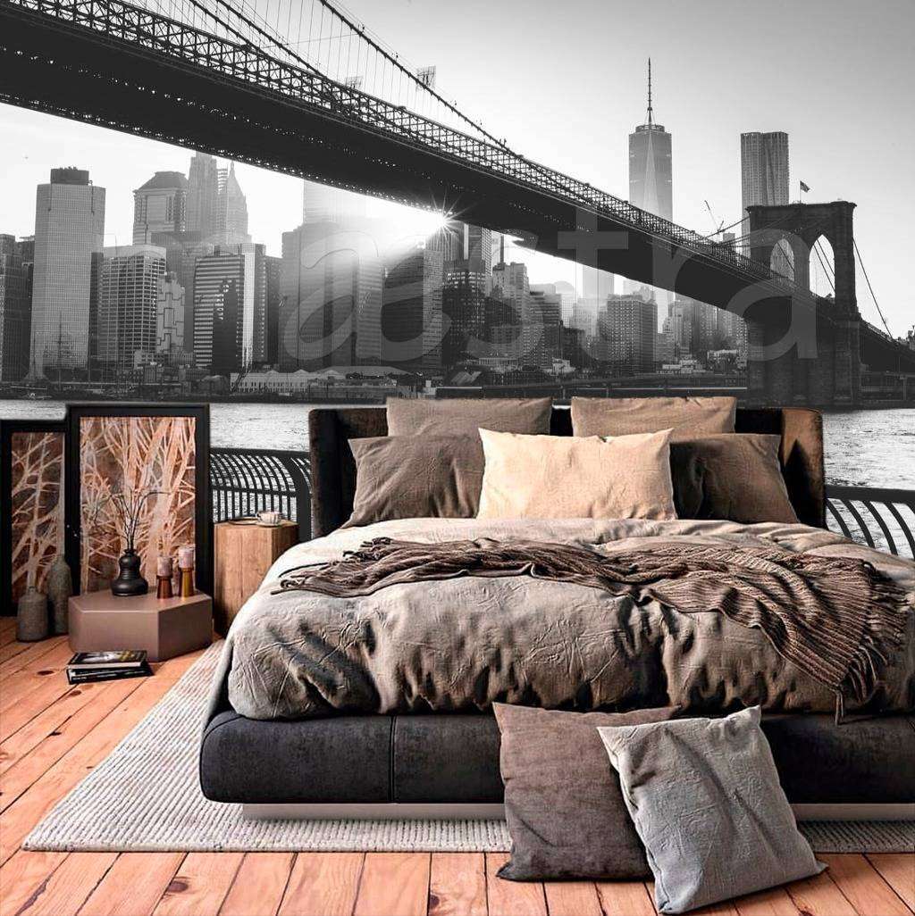 Фотообои в интерьере мост черно белый и лучи солнца в нью йорке  9-822 фото