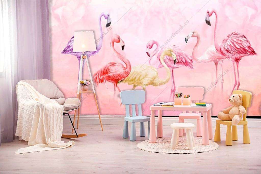Фотообои в интерьере фламинго на розовом фоне  12-1204 фото