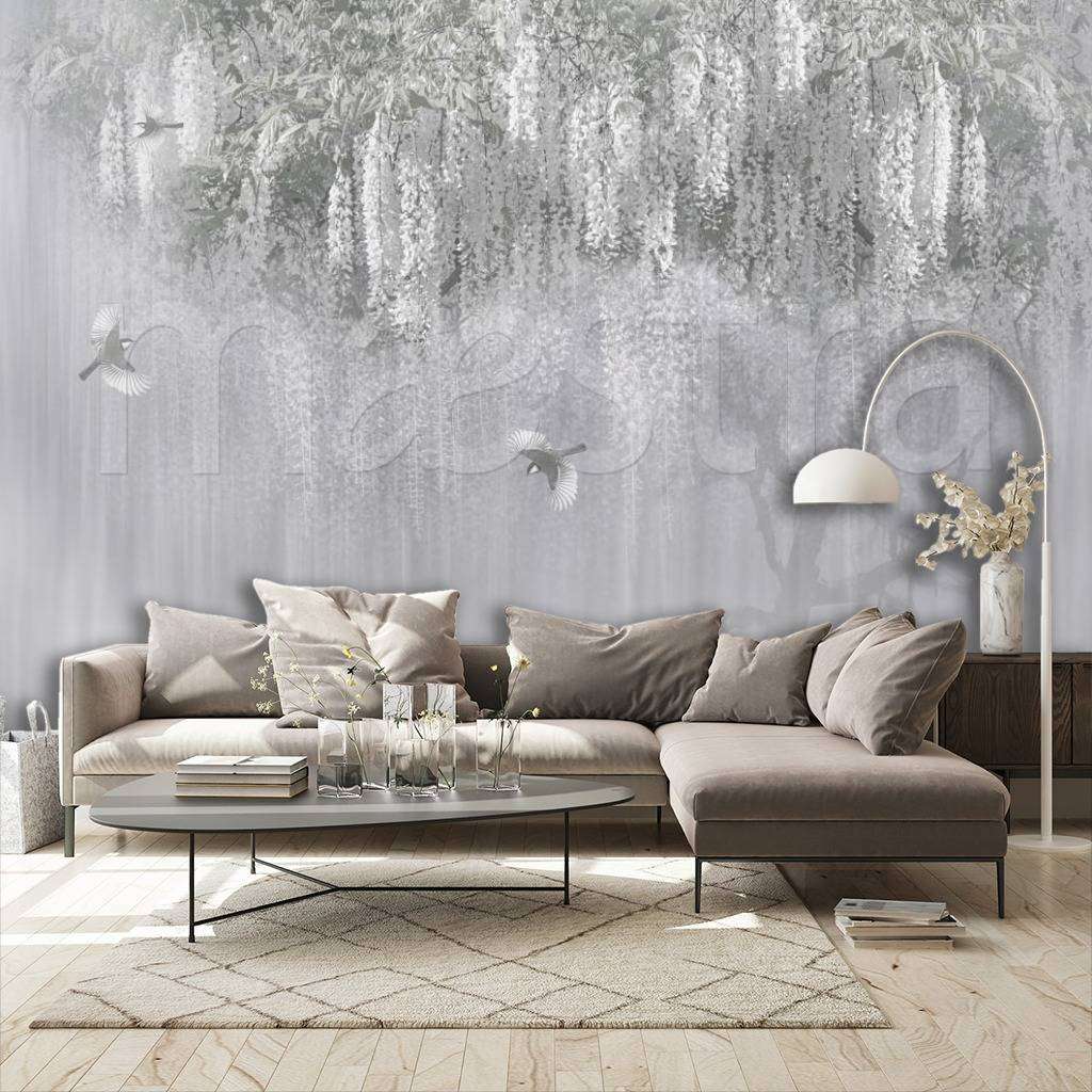 Фотообои в интерьере серое цветущее дерево  7-908 фото