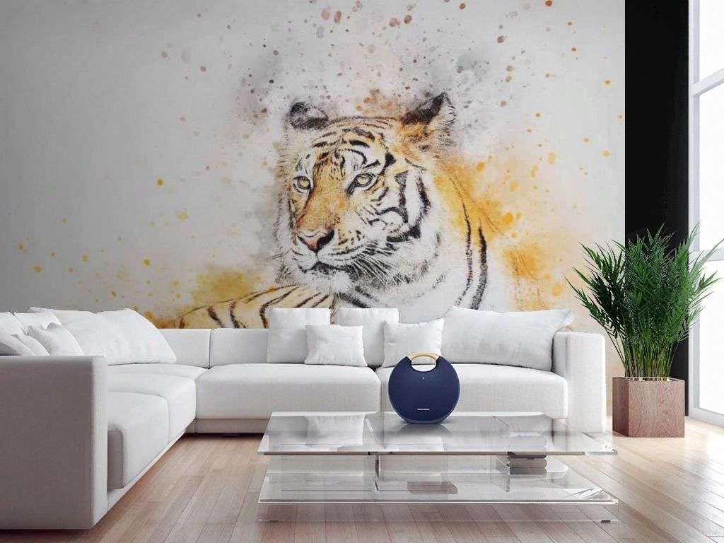 Фотообои в интерьере рисунок тигра акварелю  17-4365 фото