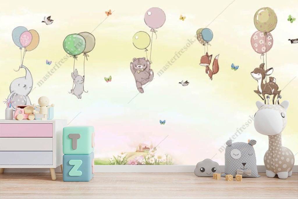 Фотообои Милые зверята на воздушном шаре  12-1203