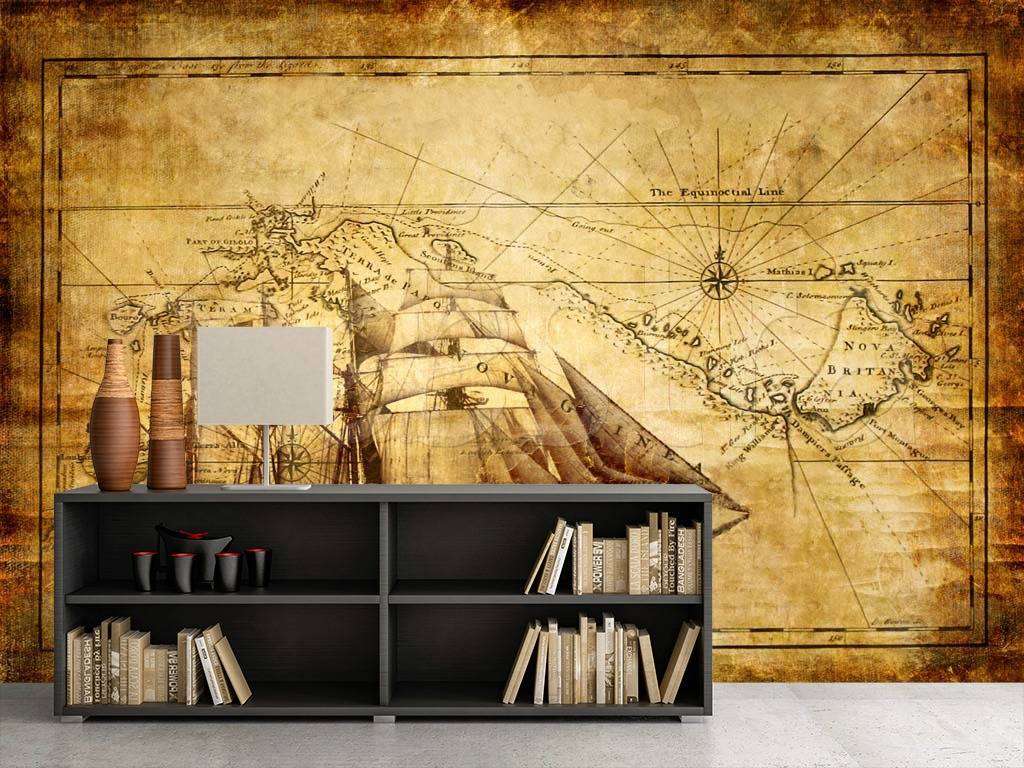 Фотообои в интерьере старинная карта с кораблем  3-090 фото