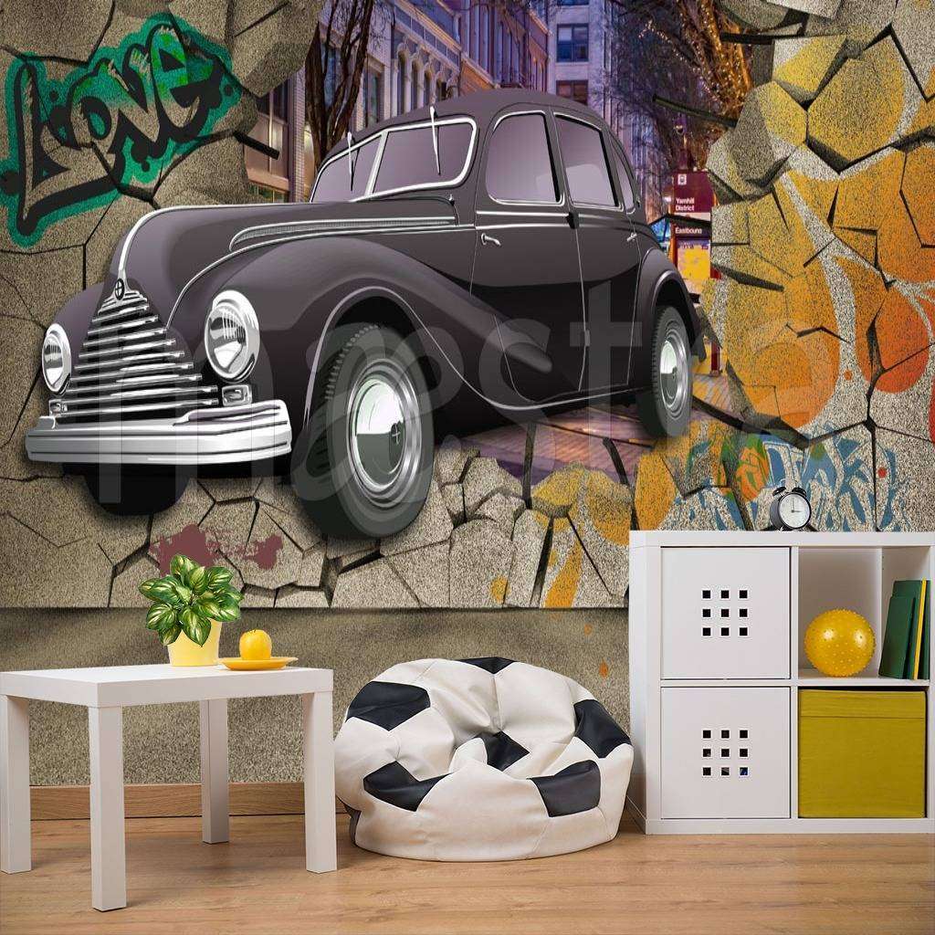 Фотообои в интерьере машина баллончиком на стене  12-383 фото