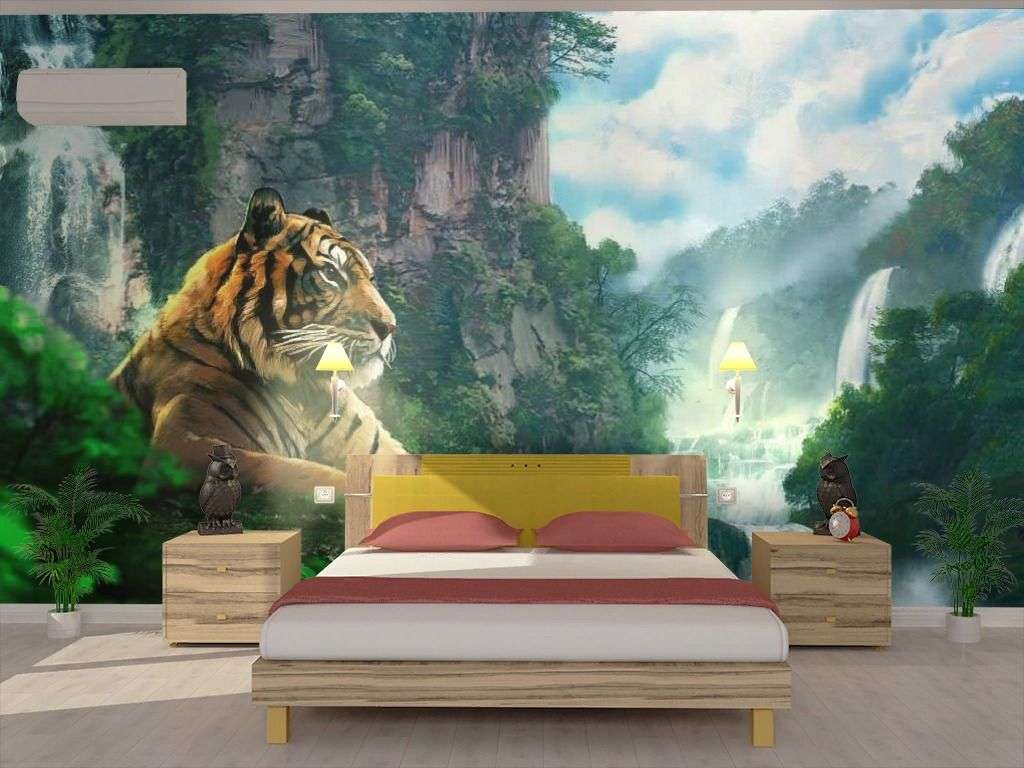 Фотообои в интерьере тигр у водопада  17-4303 фото