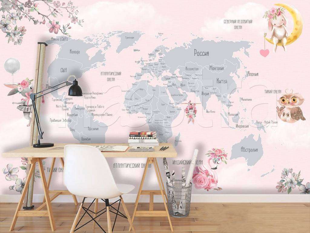 Фотообои в интерьере карта на русском розовая  12-503 фото
