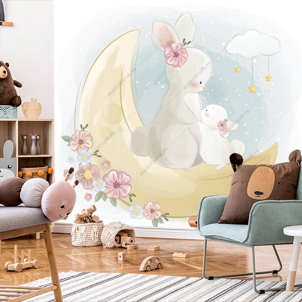 Фотообои Кролик с мамой на луне  12-456