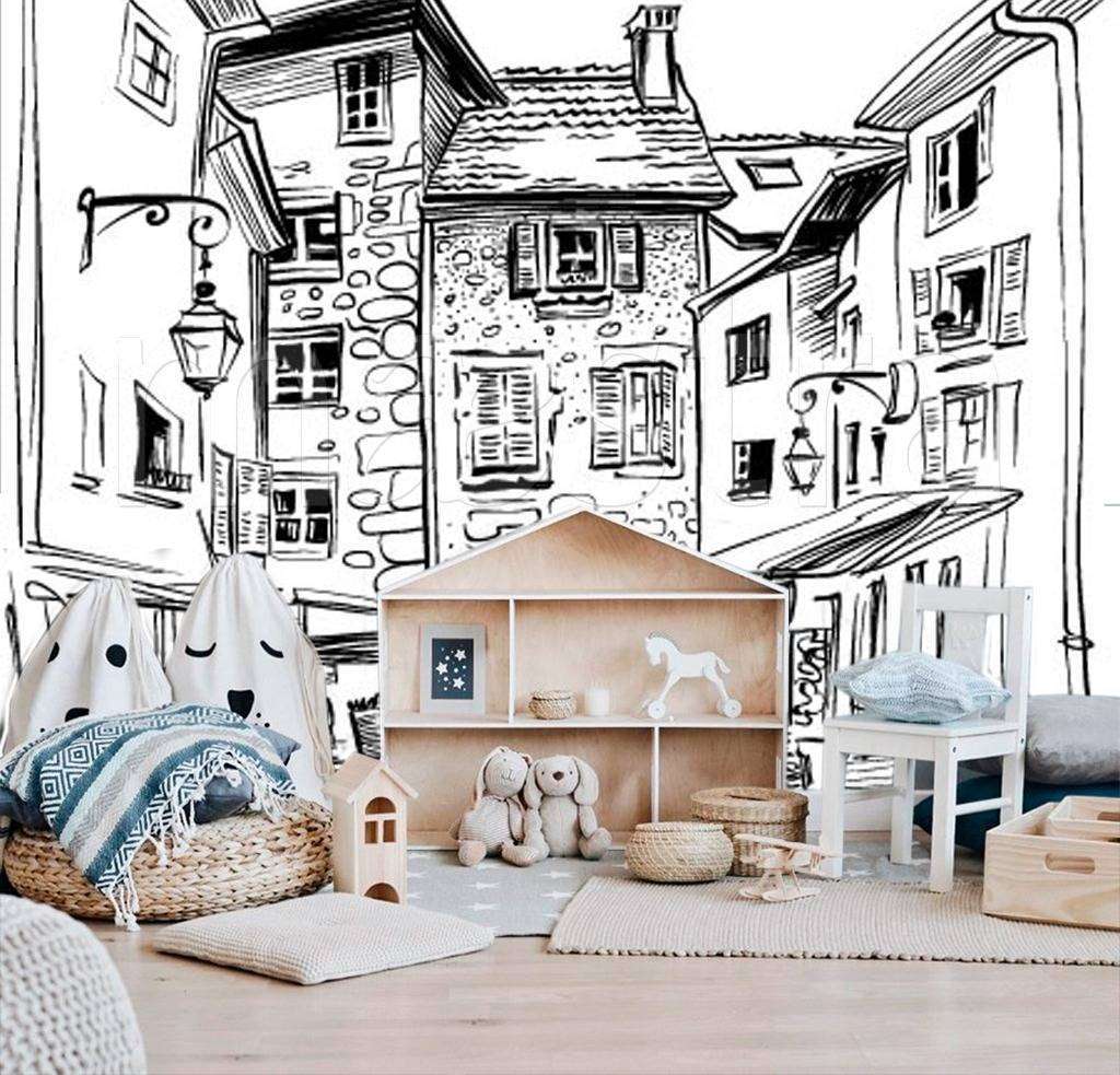 Фотообои в интерьере домики рисунок графика  12-500 фото