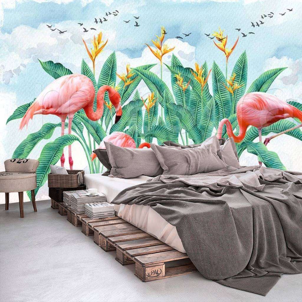 Фотообои в интерьере фламинго в листьях  15-517 фото
