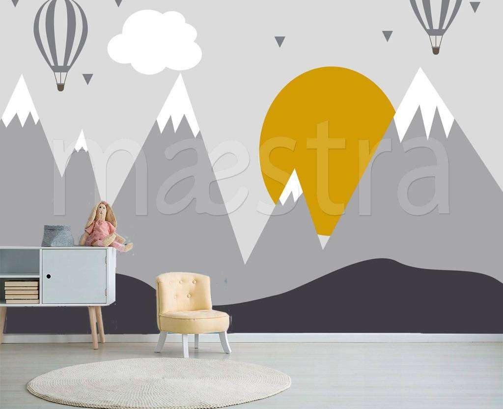 Фотообои в интерьере горы с оранжевым солнцем  12-442 фото