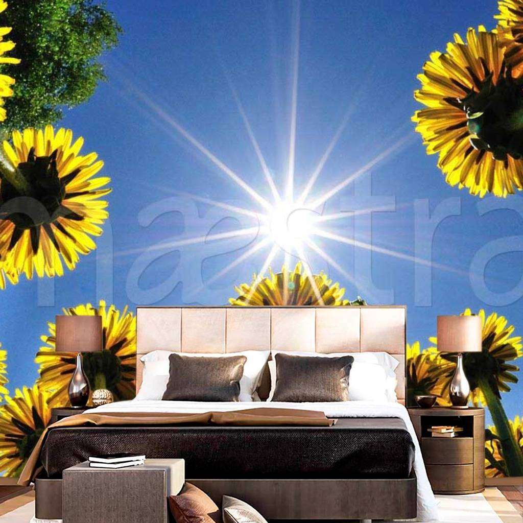 Фотообои Желтые одуванчики 3д и лучи солнца на небе  9-346