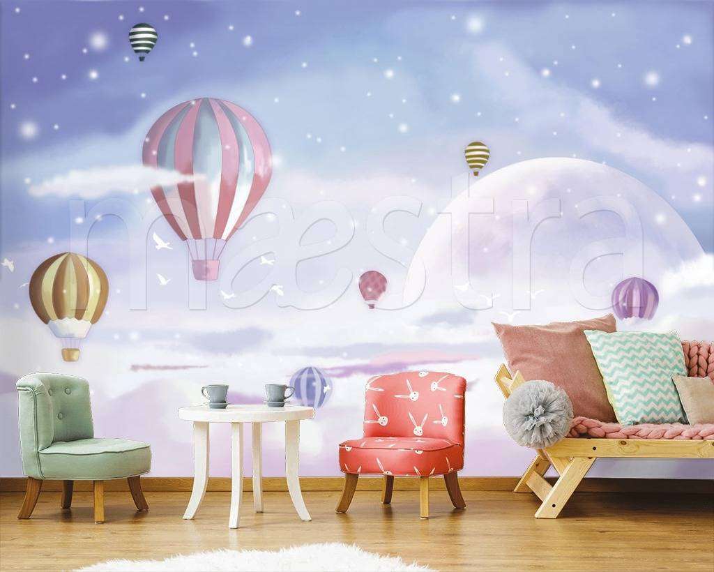 Фотообои в интерьере воздушные шары в розовом небе  12-430 фото