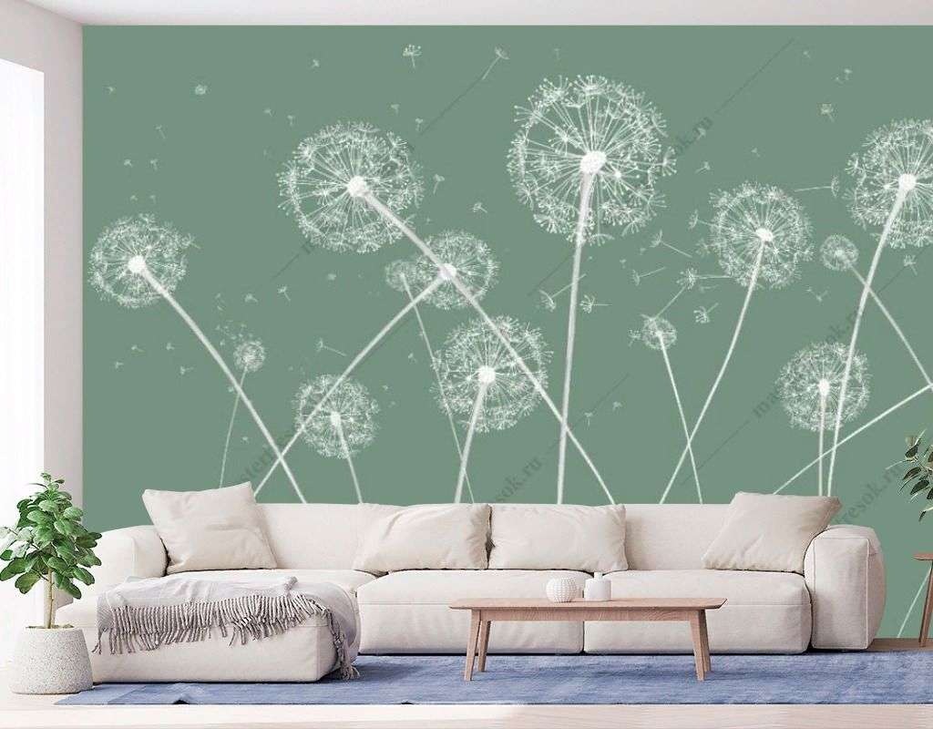 Фотообои в интерьере одуванчики на зелёном фоне  14-526 фото