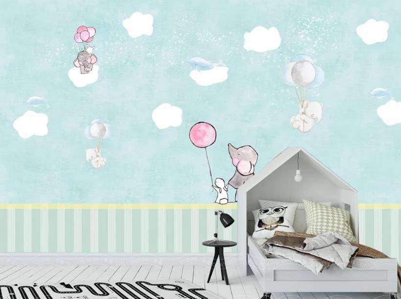 Фотообои в интерьере воздушные шарики и три слоника  15-296 фото
