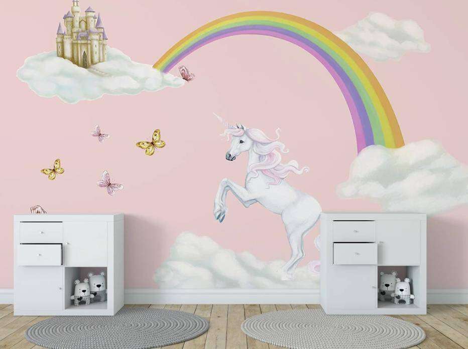Фотообои в интерьере радуга и единорог  15-358 фото