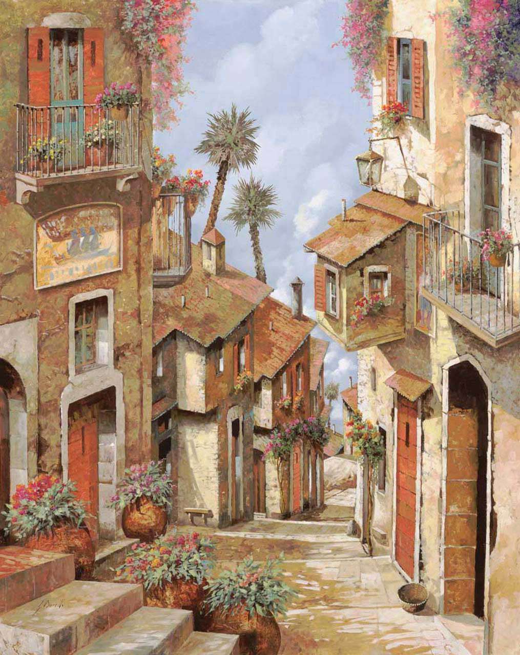 Фотообои в интерьере уходящая вдаль улочка в лучах солнца  8-019 фото