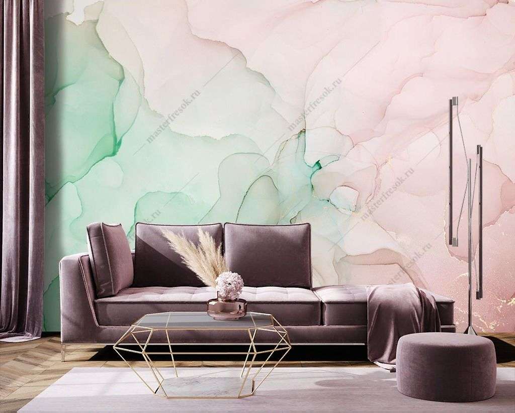 Фотообои в интерьере бирюзовая акварель  9-1414 фото