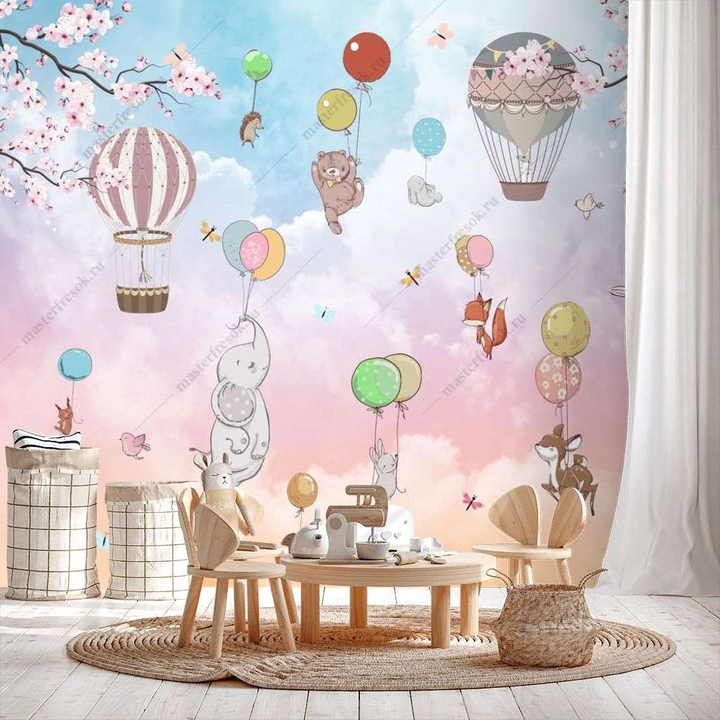 Фотообои в интерьере зверушки на воздушном шаре  14-245 фото