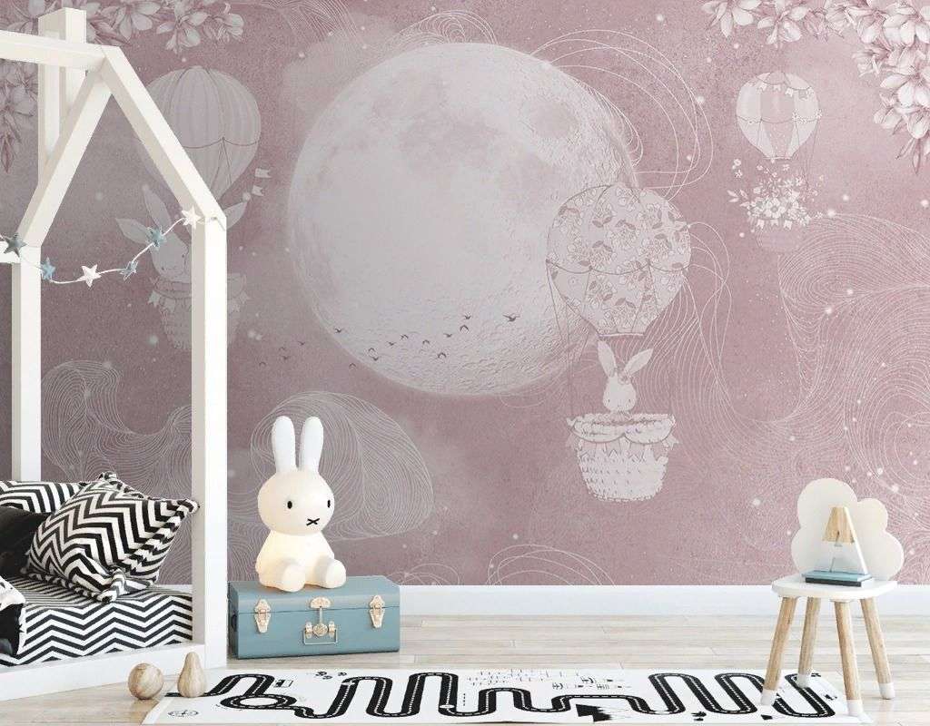 Фотообои в интерьере детские. зайки на шарике  12-1624 фото