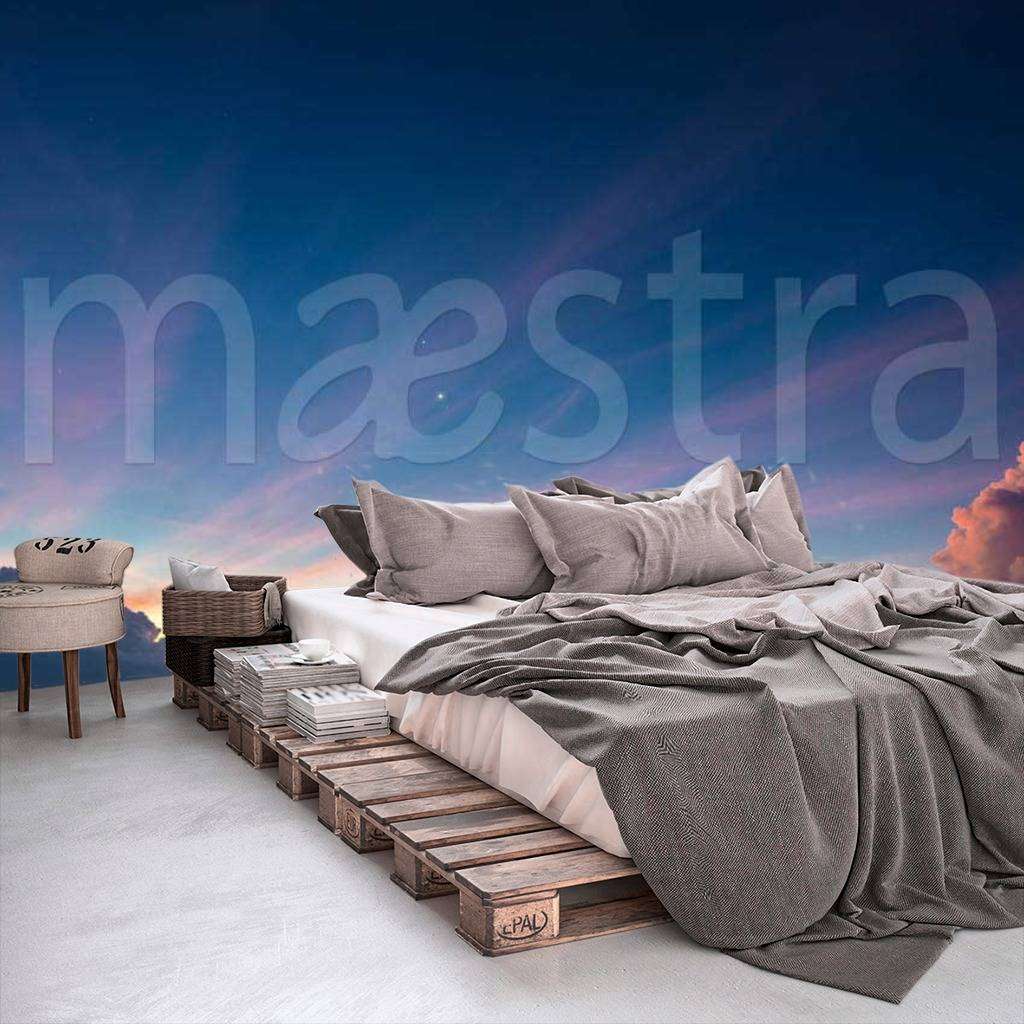 Фотообои в интерьере сиреневые лучи на темном небе  9-315 фото