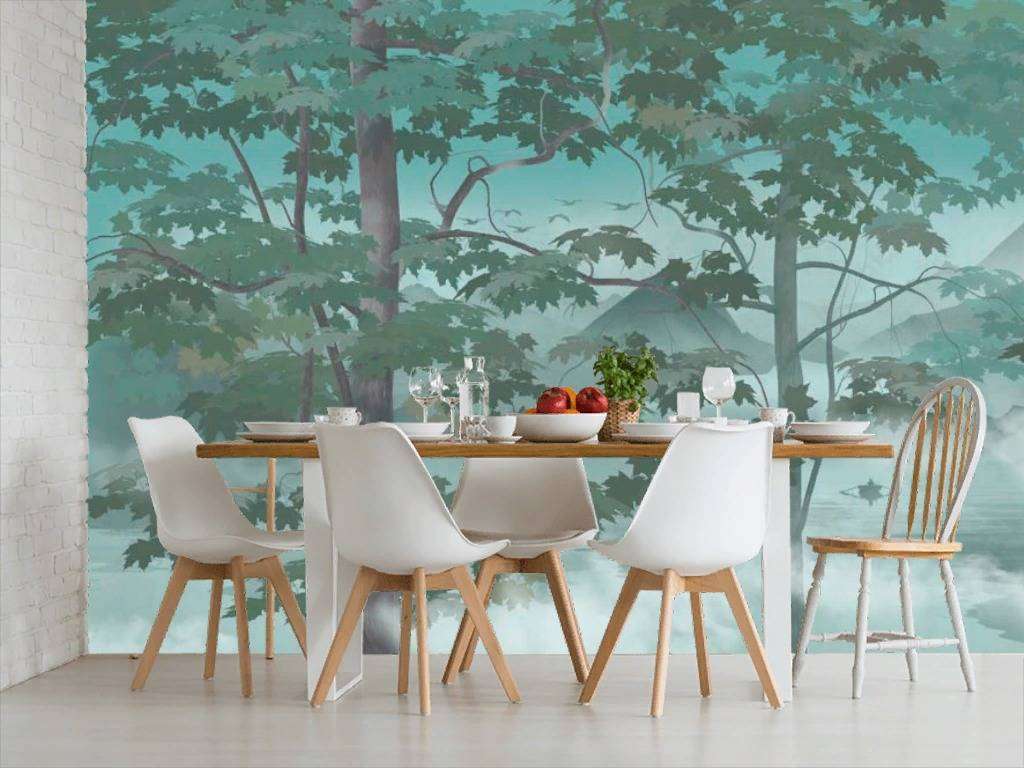 Фотообои в интерьере пейзаж туман и горы  13-289 фото