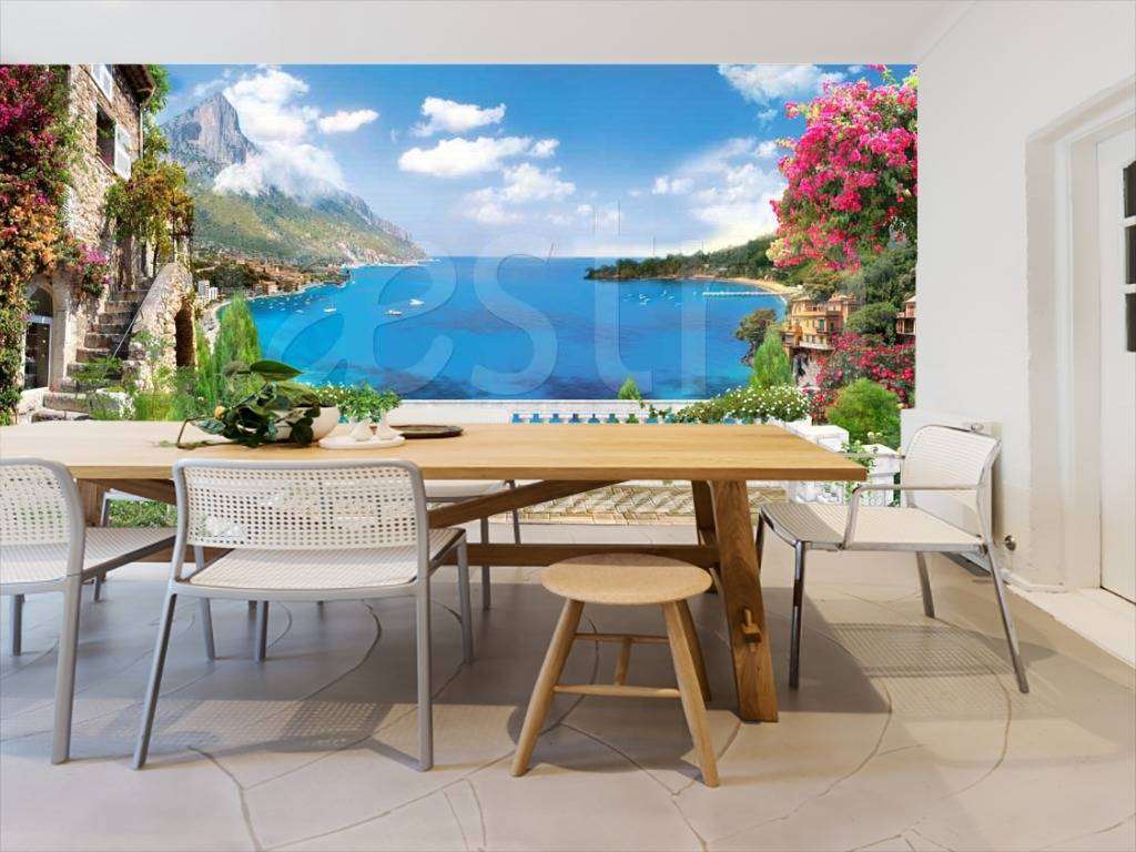 Фотообои в интерьере вид с балкона на морской пейзаж  11-080 фото