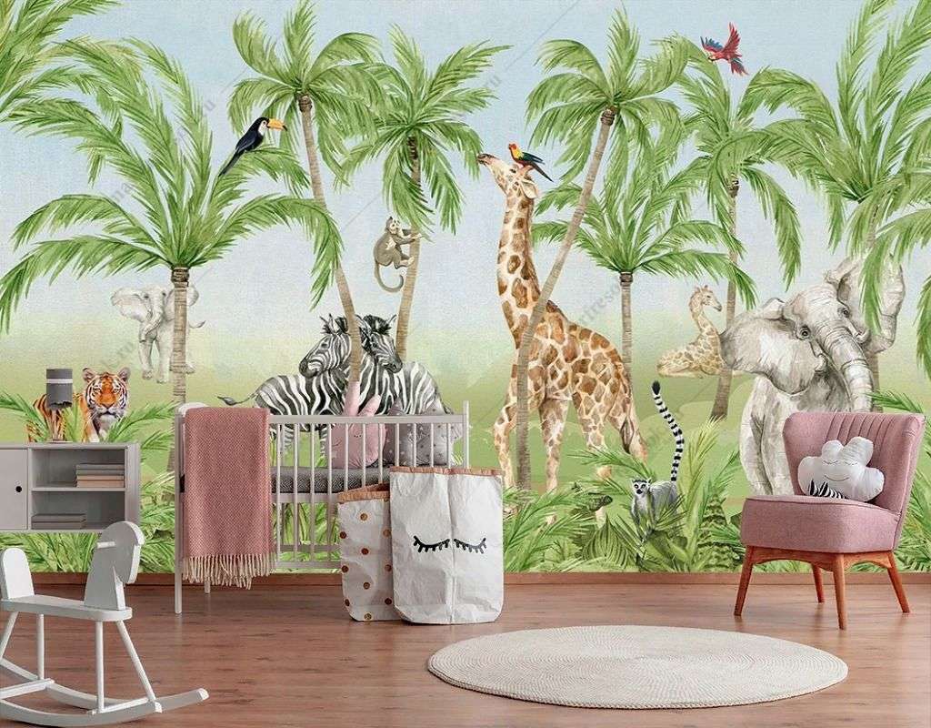 Фотообои в интерьере жирафы и пальмы  12-1498 фото