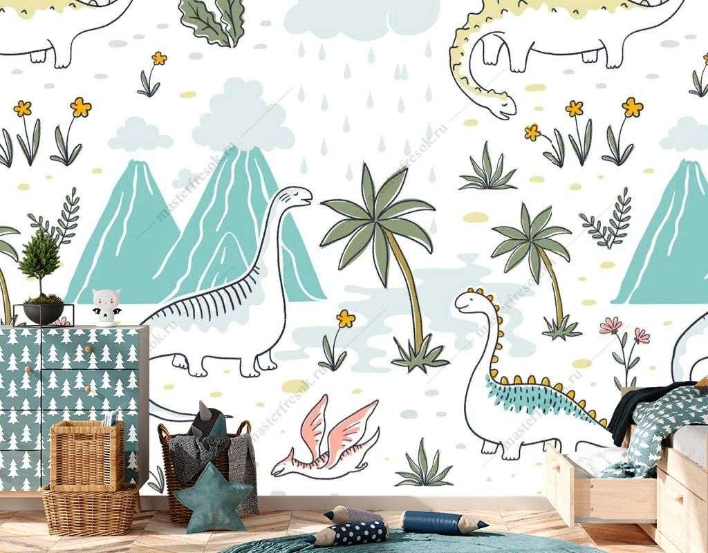 Фотообои в интерьере динозавры под дождём  14-521 фото