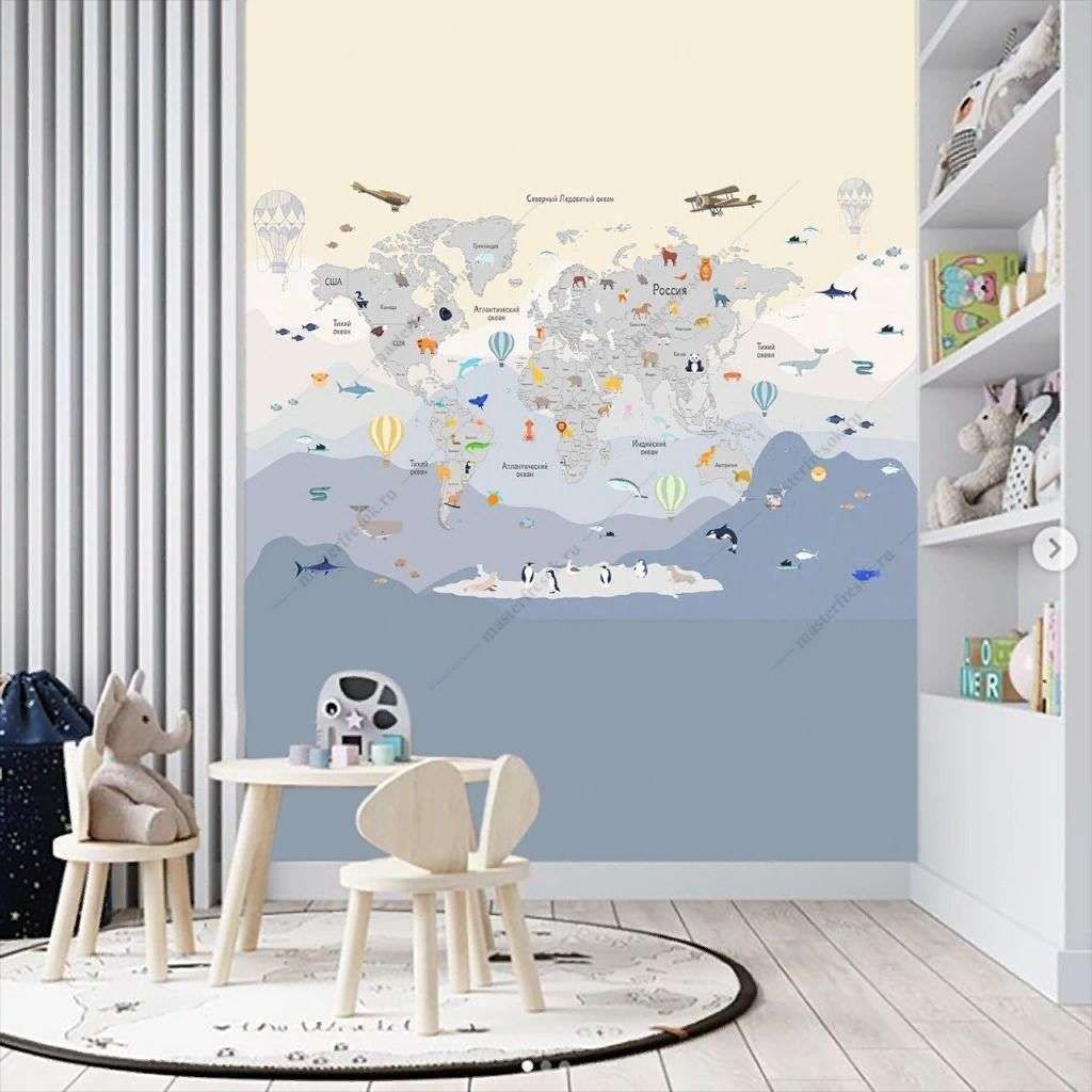 Фотообои в интерьере в детскую вертикальная карта с животными   14-717 фото