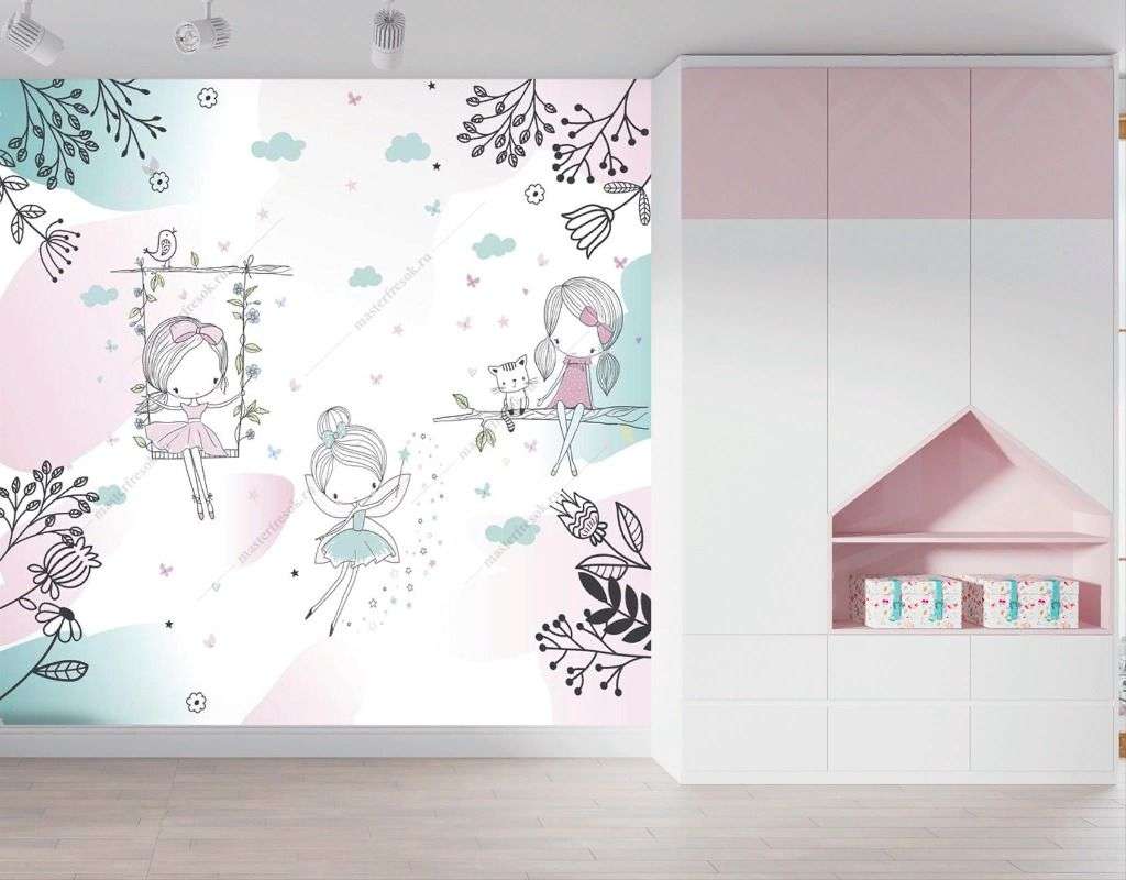 Фотообои в интерьере три феи на прогулке  14-639 фото