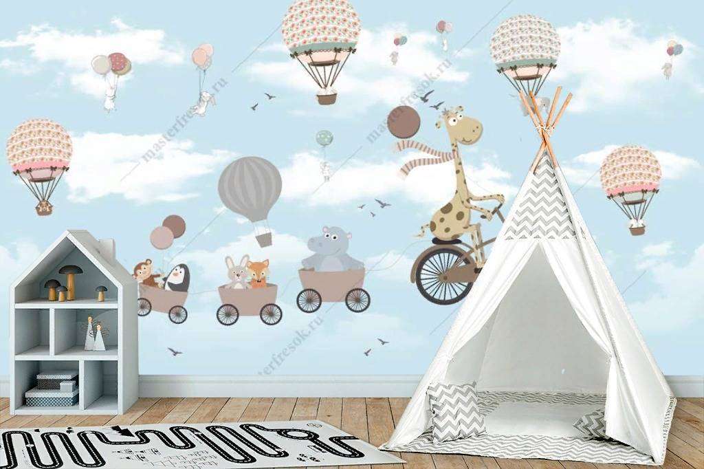 Фотообои в интерьере веселые зверята на велосипеде  12-1196 фото