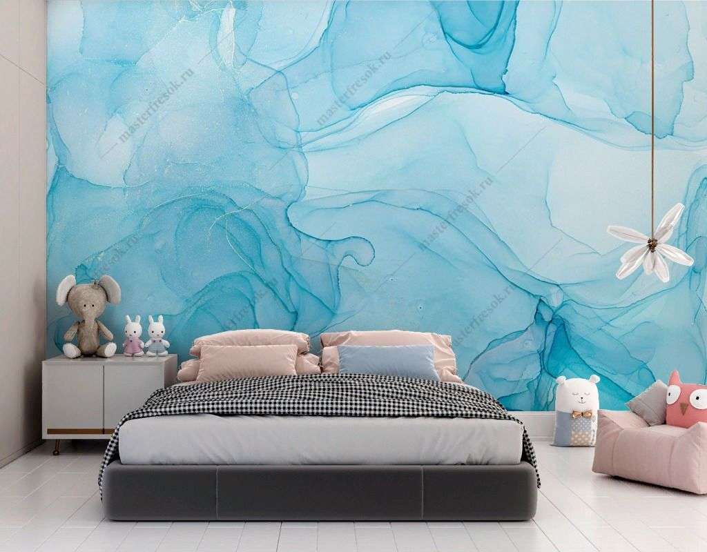Фотообои в интерьере голубой мрамор с прожилками  9-1789 фото