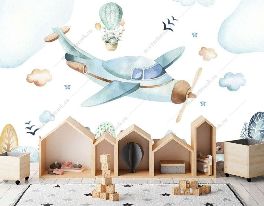 Фотообои в интерьере самолетик над городом  14-506 фото
