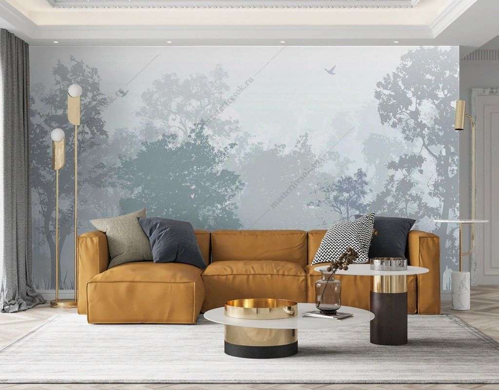 Фотообои в интерьере нежный лес в тумане серо-голубой  9-1836 фото