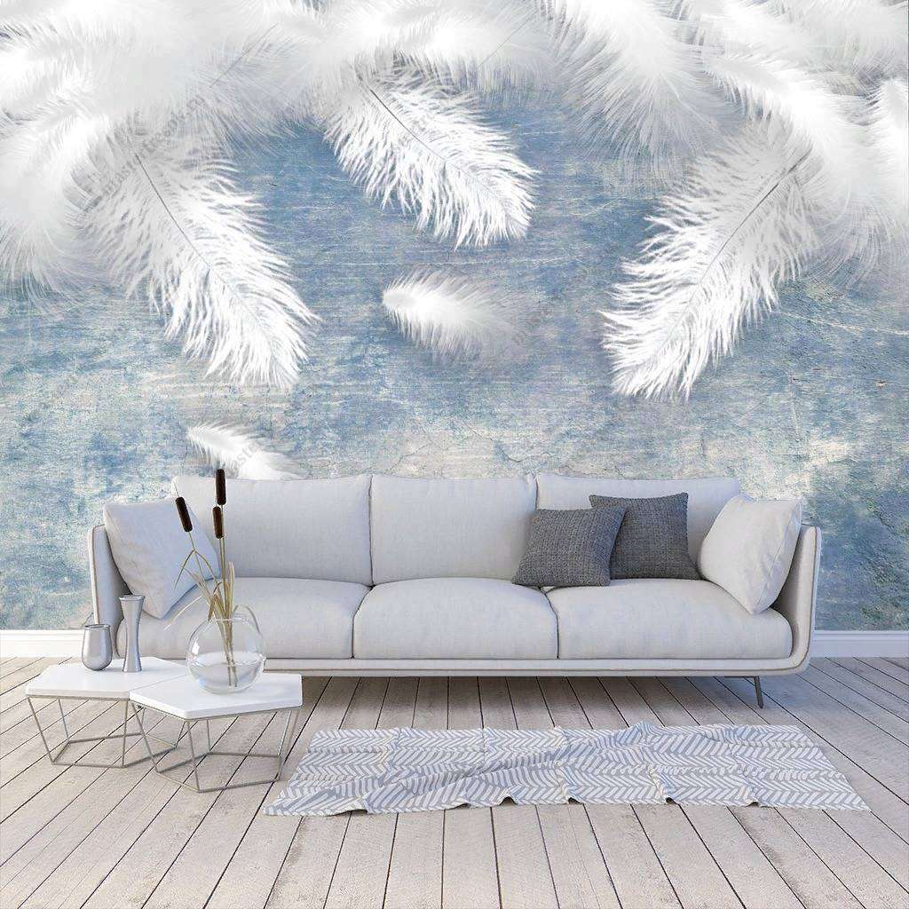 Фотообои в интерьере нежные перья на голубом фоне  10-850 фото