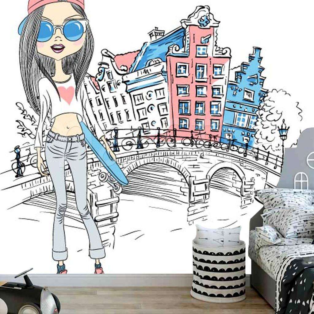 Фотообои в интерьере девочка в городе  12-492 фото