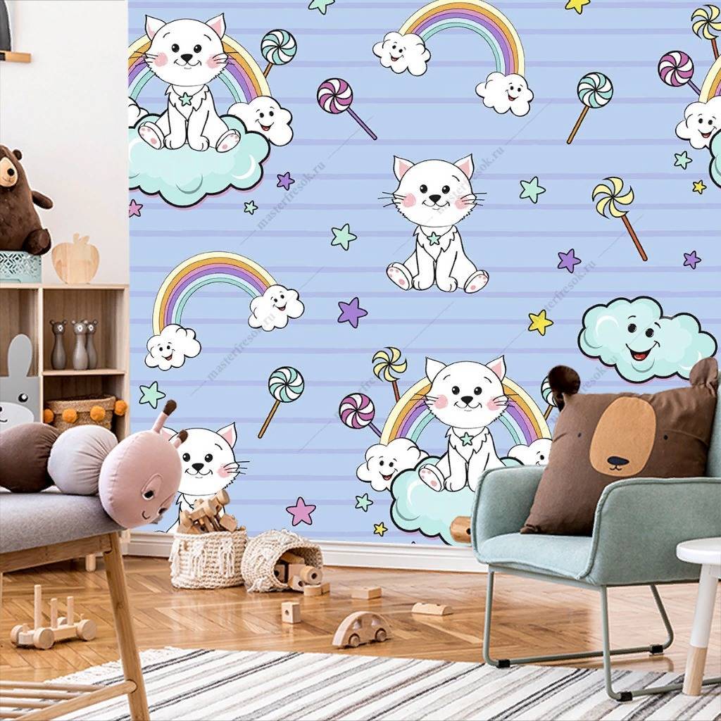 Фотообои Котята на облаках на голубом фоне  12-415