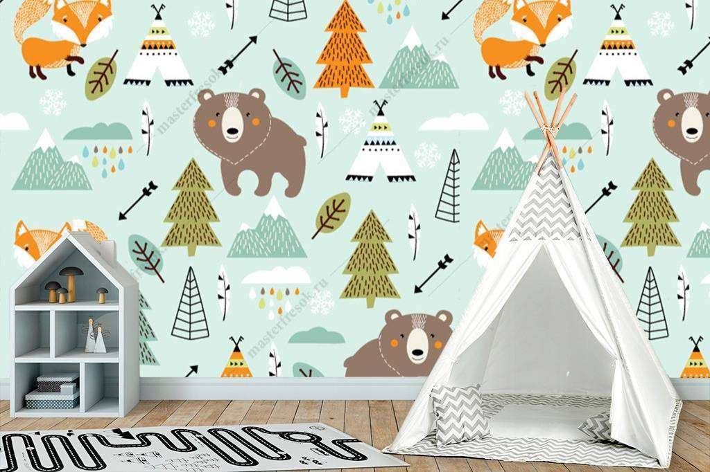 Фотообои в интерьере мишки и лисички  12-692 фото