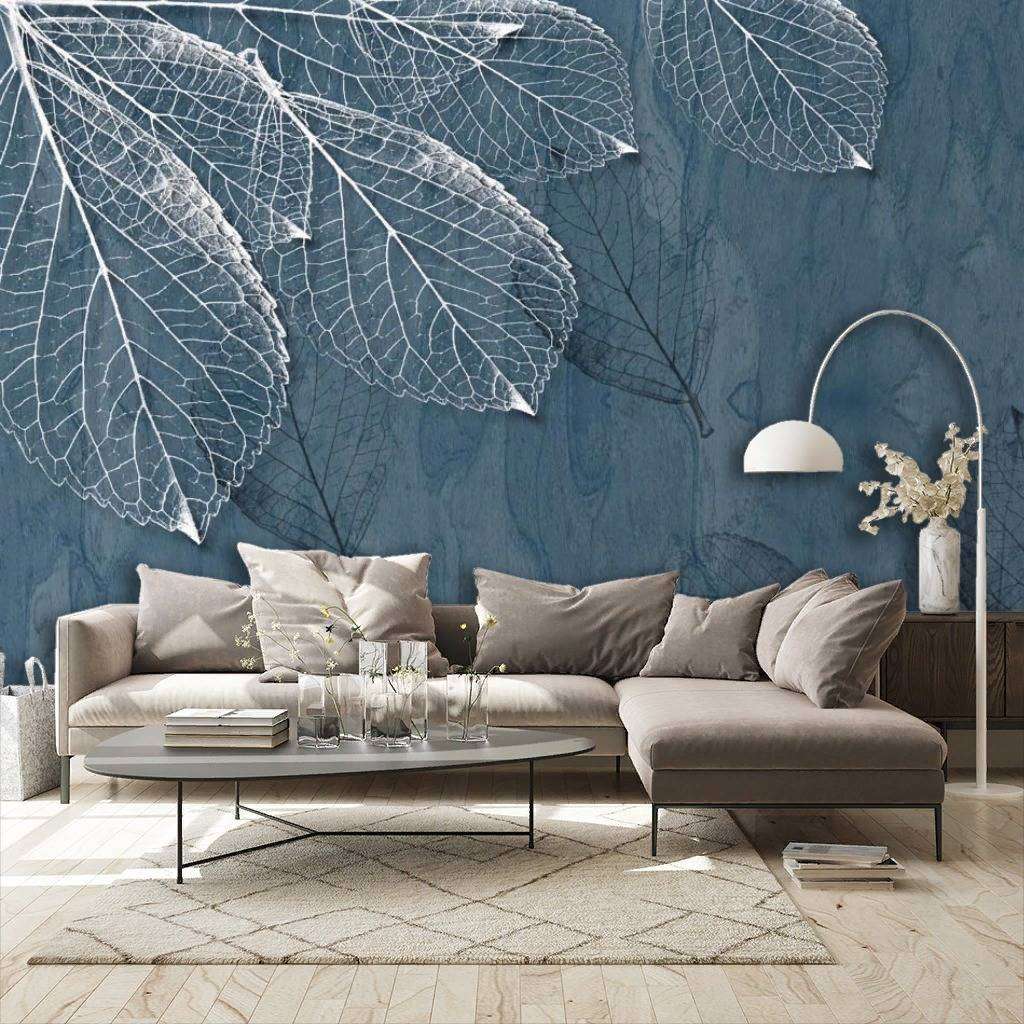 Фотообои в интерьере золотые листья на синем фоне  10-841 фото