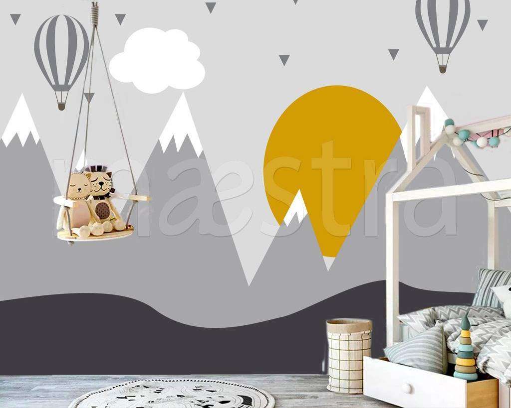 Фотообои в интерьере горы с оранжевым солнцем  12-442 фото