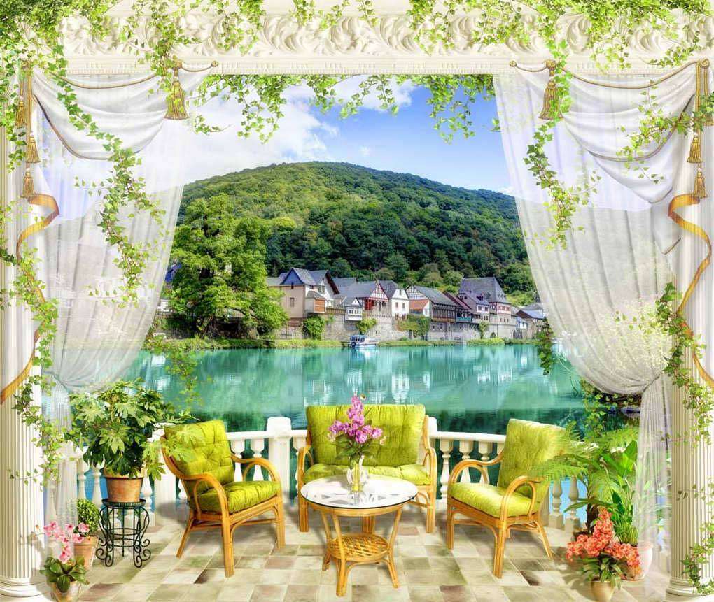 Фотообои в интерьере летняя терраса у лазурного моря  17-0114 фото