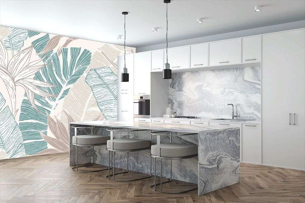 Фотообои в интерьере мятные тропические листья  9-1391 фото
