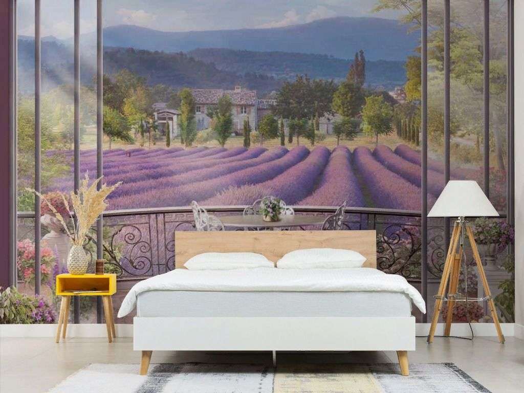 Фотообои в интерьере терраса и лавандовое поле  17-7163 фото