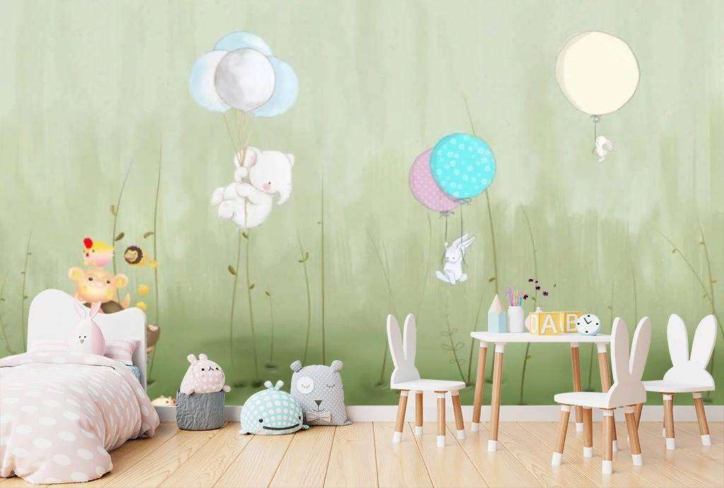 Фотообои в интерьере зеленый лес с кроликами  15-299 фото