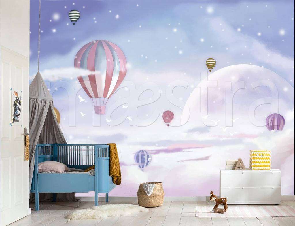 Фотообои в интерьере воздушные шары в розовом небе  12-430 фото