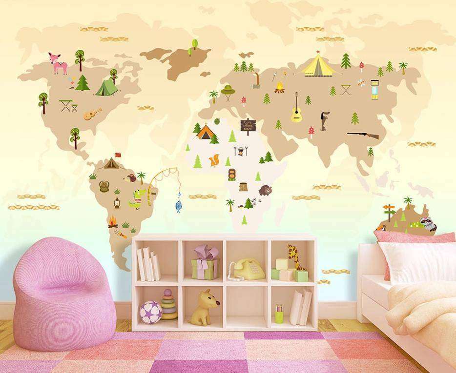 Фотообои Бесшовные обои на стену:  Карта мира и животные. Артикул: 15-291  