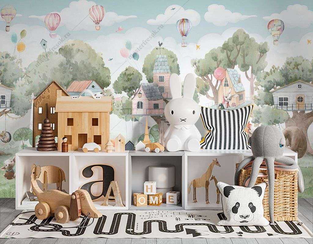 Фотообои в интерьере деревья и животные с домиками  14-371 фото